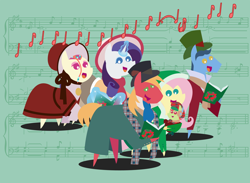 Size: 2160x1584 | Tagged: safe, anonymous artist, derpibooru import, big macintosh, fluttershy, rarity, toe-tapper, torch song, oc, oc:late riser, earth pony, pegasus, pony, unicorn, series:fm holidays, series:hearth's warming advent calendar, advent calendar, baby, baby pony, book, caroling, christmas, clothes, coat, colt, dress, earmuffs, family, female, fluttermac, glowing horn, hat, holding a pony, holiday, hood, horn, levitation, lineless, magic, male, mare, music notes, offspring, parent:big macintosh, parent:fluttershy, parents:fluttermac, plaid, pointy ponies, ponytones, scarf, shipping, singing, stallion, straight, telekinesis, top hat
