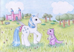 Size: 1064x751 | Tagged: safe, artist:normaleeinsane, derpibooru import, majesty, spike (g1), dragon, pony, unicorn, bow, cloud, cute, detailed background, dream castle, female, flower, g1 spikabetes, majestorable, male, mare, raised hoof, scenery, tail bow, traditional art, tree