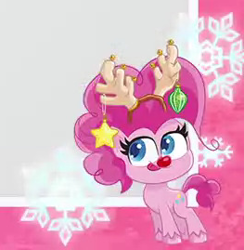 Size: 263x269 | Tagged: safe, derpibooru import, pinkie pie, earth pony, pony, my little pony: pony life, antlers, female, mare, official, ornaments, snowflake, solo, tongue out, unshorn fetlocks