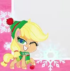 Size: 296x301 | Tagged: safe, derpibooru import, applejack, earth pony, pony, my little pony: pony life, apple, female, hat, looking at you, mare, official, one eye closed, raised hoof, scarf, smiling, snowflake, solo, unshorn fetlocks, wink, winking at you