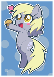 Size: 1396x2000 | Tagged: safe, artist:doctor-g, derpibooru import, derpy hooves, pegasus, pony, belly button, bipedal, blush sticker, blushing, cute, derpabetes, female, heart, mare, muffin, open mouth, solo, that pony sure does love muffins