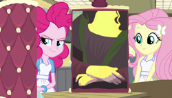 Size: 1280x727 | Tagged: safe, derpibooru import, edit, edited screencap, screencap, fluttershy, pinkie pie, human, acadeca, equestria girls, friendship games, cake, diamond is unbreakable, food, hand, jojo's bizarre adventure, mona lisa