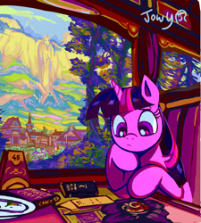 Size: 2527x2808 | Tagged: safe, artist:jowyb, derpibooru import, twilight sparkle, twilight sparkle (alicorn), alicorn, pony, amulet, book, female, high res, house, jewelry, mare, mountain, paper, scenery, sitting, solo