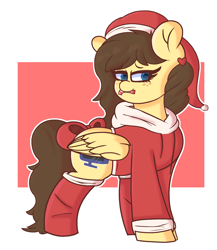 Size: 2920x3363 | Tagged: safe, artist:retro_hearts, derpibooru import, oc, oc:retro hearts, pegasus, pony, bow, candy, candy cane, christmas, clothes, cutie mark, female, food, freckles, hat, holiday, hoodie, santa hat, simple background, socks, wings