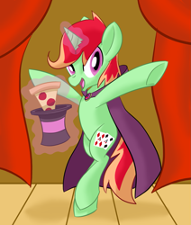 Size: 1127x1326 | Tagged: safe, artist:notadeliciouspotato, derpibooru import, oc, oc only, oc:jonin, pony, unicorn, bipedal, cape, clothes, food, glowing horn, happy, hat, horn, looking at you, magic, magic show, male, open mouth, pizza, smiling, solo, stage, stallion, telekinesis, top hat, underhoof