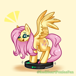 Size: 2000x2000 | Tagged: safe, artist:redheartponiesfan, derpibooru import, fluttershy, pegasus, pony, behaving like a dog, cute, female, mare, open mouth, ponies riding roombas, roomba, roombashy, shyabetes, solo