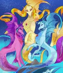 Size: 2000x2339 | Tagged: safe, artist:bunnari, derpibooru import, adagio dazzle, aria blaze, sonata dusk, siren, alternate design, female, headcanon in the description, high res, looking at you, the dazzlings, trio, true form, water