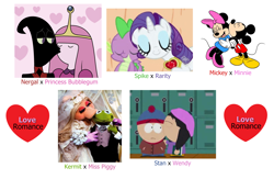 Size: 4416x2880 | Tagged: safe, derpibooru import, rarity, spike, dragon, pony, unicorn, cartoon network, disney, female, husband and wife, kermit the frog, kissing, male, mickey mouse, minnie mouse, miss piggy, nergal, nergal and princess bubblegum, pairings, princess bubblegum, romantic, shipping, south park, sparity, stan marsh, straight, the muppets, wendy testaburger