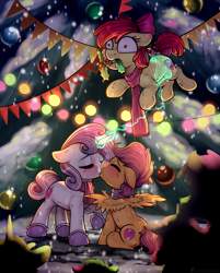 Size: 2253x2801 | Tagged: safe, artist:cornelia_nelson, derpibooru import, apple bloom, scootaloo, sweetie belle, boots, christmas, christmas lights, christmas tree, clothes, cutie mark crusaders, female, high res, holiday, holly, holly mistaken for mistletoe, kissing, lesbian, levitation, magic, mouth hold, outdoors, public, romantic, scarf, scootabelle, shipping, shoes, shrunken pupils, snow, spread wings, telekinesis, tree, wings