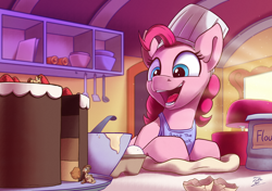 Size: 2500x1756 | Tagged: safe, artist:tsitra360, derpibooru import, pinkie pie, earth pony, pony, apron, baking, cake, clothes, cute, diapinkes, eggshell, food, micro