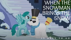 Size: 1920x1080 | Tagged: safe, derpibooru import, edit, edited screencap, editor:quoterific, screencap, spring melody, sprinkle medley, pegasus, pony, hearth's warming eve (episode), 13, broom, clothes, hat, scarf, snow, snowfall, snowpony