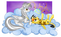 Size: 1024x614 | Tagged: safe, artist:swanlullaby, derpibooru import, oc, oc only, oc:electuroo, oc:stardust, alicorn, pegasus, pony, cloud, colt, female, magic, male, mare