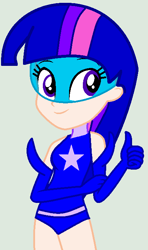 Size: 418x706 | Tagged: safe, artist:jadethepegasus, derpibooru import, twilight sparkle, equestria girls, clothes, human coloration, leotard, magic gaia, superhero, thumbs up