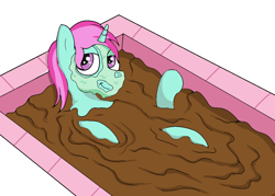 Size: 1400x1000 | Tagged: safe, artist:amateur-draw, derpibooru import, oc, oc:belle boue, pony, unicorn, male, mud, mud bath, mud mask, muddy, relaxing, simple background, solo, spa, stallion