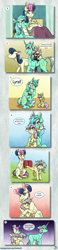 Size: 800x3421 | Tagged: safe, artist:inuhoshi-to-darkpen, derpibooru import, bon bon, lyra heartstrings, sweetie drops, oc, oc:saccharine dream, bugbear, earth pony, pony, unicorn, :p, angry, baby, baby pony, bon bon is not amused, comforting, comic, cookie, cross-popping veins, crying, daughter, eyes closed, family, female, filly, floppy ears, foal, food, holding a pony, kicking, magical lesbian spawn, married couple, married couples doing married things, mother and child, mother and daughter, newborn, offspring, one eye closed, overprotective, parent and child, plushie, ponies riding ponies, riding, tail, tail pull, tongue out, unamused