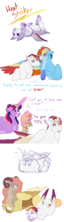 Size: 2000x6960 | Tagged: safe, artist:uunicornicc, derpibooru import, rainbow dash, twilight sparkle, twilight sparkle (alicorn), oc, oc:iris, oc:summer ballad, alicorn, hybrid, pegasus, pony, clothes, cloud, cloven hooves, interspecies offspring, magic, magical lesbian spawn, offspring, parent:discord, parent:fluttershy, parent:rainbow dash, parent:twilight sparkle, parents:discoshy, parents:twidash, scarf