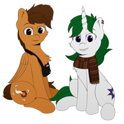 Size: 2000x2000 | Tagged: safe, artist:h3nger, derpibooru import, oc, oc only, oc:toanderic, oc:zenith night, pegasus, pony, unicorn, 2021 community collab, camera, clothes, cutie mark, derpibooru community collaboration, male, png, scarf, simple background, stallion, transparent background