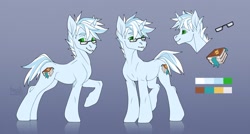 Size: 1280x686 | Tagged: safe, artist:basilllisk, derpibooru import, oc, oc only, pony, unicorn, commission, cutie mark, digital art, glasses, horn, looking at you, male, reference sheet, simple background, solo, stallion, tail