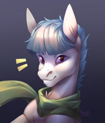 Size: 1093x1280 | Tagged: safe, artist:basilllisk, derpibooru import, oc, oc only, earth pony, pony, bust, clothes, commission, digital art, looking at you, male, portrait, scarf, simple background, solo, stallion