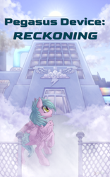 Size: 1000x1600 | Tagged: safe, artist:spectrasus, derpibooru import, oc, oc:cloud cover, pegasus, fanfic:rainbow factory, cloud, cloudsdale, cloudsdale weather corporation, cover art, factory, fanfic art, female, industrial, mare, pegasus device, solo, story in the source