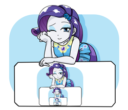 Size: 740x640 | Tagged: safe, artist:batipin, derpibooru import, edit, rarity, human, better together, equestria girls, breasts, clothes, dress, droste effect, eyebrows, eyelashes, eyeshadow, female, gem, gemstones, geode of shielding, hairpin, inception, jewelry, looking at you, magical geodes, makeup, one eye closed, pearl, picture within a picture, rarity peplum dress, recursion, self paradox, self ponidox, skirt, solo, wink