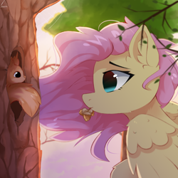 Size: 1500x1500 | Tagged: safe, artist:glazirka, derpibooru import, fluttershy, pegasus, pony, squirrel, acorn, bust, cute, ear fluff, female, looking at each other, looking at someone, mare, mouth hold, no pupils, outdoors, profile, shyabetes, solo, tree, windswept mane, wings