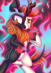 Size: 1920x2716 | Tagged: safe, artist:musicfirewind, derpibooru import, autumn blaze, kirin, nirik, angry, fire, solo, two sides