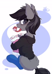 Size: 2896x4096 | Tagged: safe, artist:avery-valentine, derpibooru import, oc, oc only, oc:grey matter, pony, blushing, clothes, eating, food, forked tongue, hoodie, long tongue, looking at you, looking sideways, marshmallow, profile, side view, sitting, socks, solo, tongue, tongue out