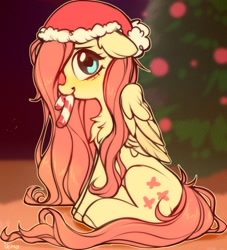 Size: 1700x1875 | Tagged: safe, artist:vensual99, derpibooru import, fluttershy, pegasus, pony, candy, candy cane, chest fluff, christmas, christmas tree, cute, female, floppy ears, folded wings, food, hat, heart eyes, holiday, looking at you, mare, mouth hold, profile, santa hat, shyabetes, sitting, smiling, solo, tree, wingding eyes, wings