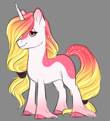 Size: 871x960 | Tagged: safe, artist:silentwolf-oficial, derpibooru import, oc, oc only, pony, unicorn, cloven hooves, gray background, hair over one eye, hoof fluff, horn, simple background, solo, unicorn oc