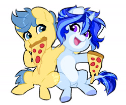 Size: 1420x1181 | Tagged: safe, artist:silentwolf-oficial, derpibooru import, oc, oc only, oc:silent wolf, earth pony, pony, unicorn, chibi, colored hooves, duo, earth pony oc, female, food, hoof hold, horn, mare, mouth hold, pizza, side hug, smiling, unicorn oc