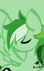 Size: 400x640 | Tagged: safe, artist:amgiwolf, derpibooru import, oc, oc only, pegasus, pony, bust, eyes closed, green background, looking back, pegasus oc, signature, simple background, solo, wings