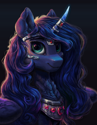 Size: 1280x1648 | Tagged: safe, artist:rysunkowasucharia, derpibooru import, princess luna, alicorn, pony, alternate hairstyle, bust, chest fluff, cute, female, horn, horn jewelry, horn ring, jewelry, legitimately amazing mspaint, long hair, looking at you, lunabetes, mare, ms paint, regalia, ring, smiling, solo
