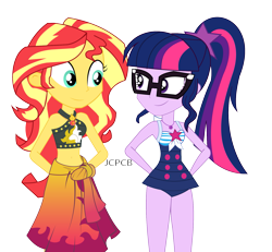 Size: 1709x1576 | Tagged: safe, artist:jcpreactyt, derpibooru import, sci-twi, sunset shimmer, twilight sparkle, better together, equestria girls, forgotten friendship, beach, bikini, close-up, clothes, couple, female, geode of empathy, geode of telekinesis, lesbian, magical geodes, scitwishimmer, shipping, simple background, sleeveless, sunlight, sunsetsparkle, swimsuit, together, together forever, towel, transparent background, vector