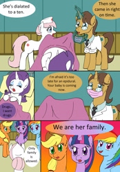 Size: 1000x1437 | Tagged: safe, artist:emilou1985, derpibooru import, applejack, doctor horse, doctor stable, nurse redheart, rainbow dash, rarity, twilight sparkle, twilight sparkle (alicorn), alicorn, earth pony, pegasus, pony, unicorn, comic:signs, bed, hat, hospital, hospital bed, imminent birth, labor, mask, nurse hat, pregnant