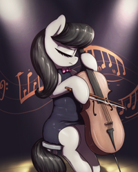 Size: 2000x2500 | Tagged: safe, artist:t72b, derpibooru import, octavia melody, earth pony, pony, bow, bowtie, cello, clothes, dress, eyes closed, female, hoof hold, lights, little black dress, mare, music notes, musical instrument, sitting, solo, stage, stool