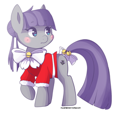 Size: 1144x1055 | Tagged: safe, artist:pulsefirepony, derpibooru import, maud pie, earth pony, pony, alternate hairstyle, blushing, bow, christmas, clothes, cute, female, heart eyes, holiday, mare, maudabetes, simple background, sleigh bells, solo, tail bow, white background, wingding eyes