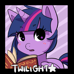 Size: 1280x1280 | Tagged: safe, artist:pulsefirepony, derpibooru import, twilight sparkle, twilight sparkle (alicorn), alicorn, pony, blushing, book, bust, cute, female, mare, open mouth, solo, starry eyes, twiabetes, wingding eyes