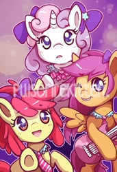 Size: 693x1012 | Tagged: safe, artist:pulsefirepony, derpibooru import, apple bloom, scootaloo, sweetie belle, earth pony, pegasus, pony, unicorn, alternate hairstyle, bow, cute, cutie mark crusaders, electric guitar, eye sparkles, female, filly, guitar, hair bow, idol, musical instrument, necktie, obtrusive watermark, one eye closed, open mouth, ponytail, school idol, smiling, watermark, wingding eyes, wink