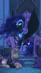 Size: 2000x3555 | Tagged: safe, artist:1jaz, nightmare moon, oc, alicorn, pony, unicorn, armor, clothes, crossed hooves, detailed background, ear fluff, fangs, female, high res, indoors, male, mare, new lunar republic, night guard, sitting, spread wings, stallion, throne, unicorn oc, unshorn fetlocks