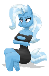 Size: 1200x1862 | Tagged: safe, artist:flutterthrash, derpibooru import, trixie, anthro, unicorn, boob window, clothes, crossed arms, dress, lidded eyes, little black dress, smiling, solo