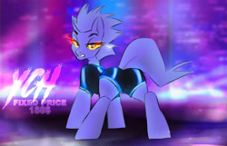 Size: 1571x1011 | Tagged: safe, artist:dolorosacake, derpibooru import, oc, earth pony, pony, advertisement, commission, cyberpunk, glow, glowing eyes, grumpy, looking at you, solo, ych example, ych sketch, your character here