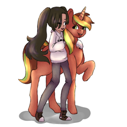 Size: 1000x1000 | Tagged: safe, artist:bubblegum, derpibooru import, oc, oc only, oc:amuka, oc:chiller sway, human, clothes, converse, duo, female, hoodie, jeans, male, pants, pigtails, raised hoof, shadow, shoes, side view, simple background, textless, textless version