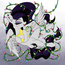 Size: 1250x1250 | Tagged: safe, artist:calena, derpibooru import, oc, oc only, oc:sweet blasphemy, pegasus, pony, blushing, christmas, christmas lights, cute, ear fluff, freckles, holiday, hug, pillow, pillow hug, solo, spread wings, wings