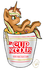 Size: 627x1000 | Tagged: safe, artist:candied death, derpibooru import, oc, oc only, oc:chiller sway, pony, unicorn, cup of noodles, food, fullbody, male, noodles, ramen, side view, simple background, small pony, transparent background