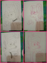 Size: 1500x1999 | Tagged: safe, artist:guruyunus17, derpibooru import, oc, oc:annisa trihapsari, oc:hsu amity, alicorn, earth pony, pony, anniversary, cutie mark, duo, female, glasses, heart, mare, monochrome, open mouth, pencil, pencil drawing, photo, siblings, sisters, smiling, traditional art