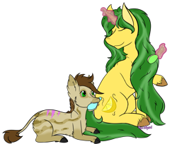 Size: 1931x1576 | Tagged: safe, artist:kina eclipsed, derpibooru import, oc, oc only, oc:lemon breeze, oc:shenandoah, pony, unicorn, brush, duo, female, hairbrush, magic, simple background, transparent background, unshorn fetlocks