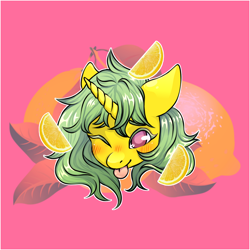 Size: 3000x3000 | Tagged: safe, artist:baby, derpibooru import, oc, oc only, oc:lemon breeze, pony, unicorn, :p, bust, female, food, lemon, portrait, solo, tongue out