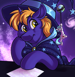 Size: 1208x1232 | Tagged: safe, artist:sugaryviolet, derpibooru import, oc, oc only, oc:snap feather, oc:star bright, pony, annoyed, bigger than a planet, desk, duo, duo male, facehoof, galaxy, hat, leash, macro, macro/micro, male, micro, paper, planet, purple background, scared, simple background, space, stallion, stars, tied up, wizard, wizard hat, wizard robe