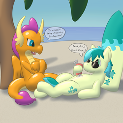 Size: 2000x2000 | Tagged: safe, artist:balloon-quilava, derpibooru import, sandbar, smolder, dragon, earth pony, inflatable pony, balloon, beach, commission, dialogue, fetish, high res, inflatable, inflatable fetish, pool toy, shiny, sunglasses, surfboard, word balloon